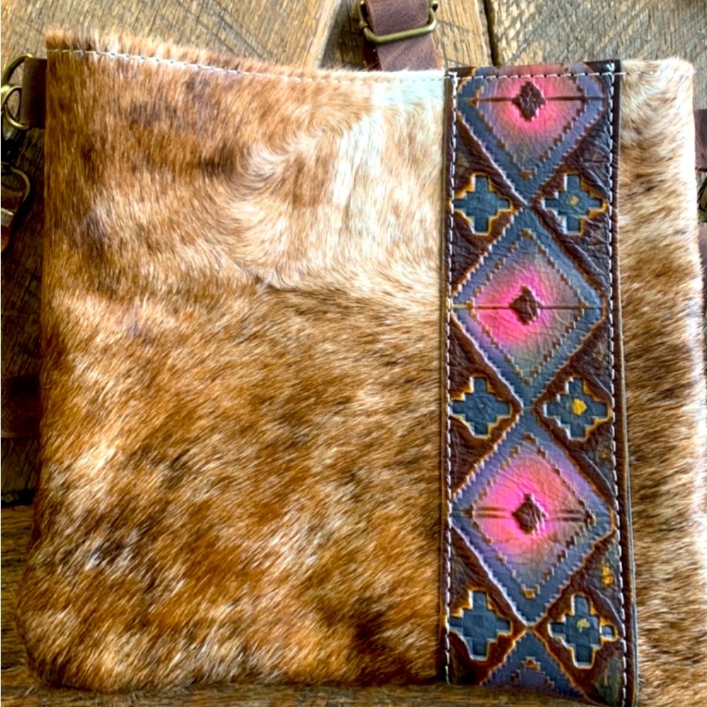 Genuine Cowhide & Pink Aztec Leather Crossbody Purse